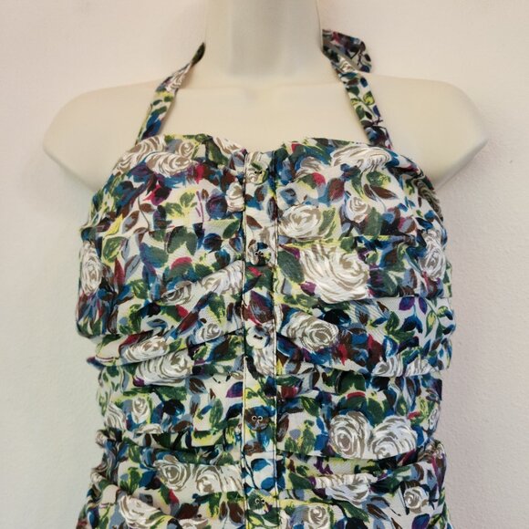 Y2K Papaya Babydoll Halter Neck Tank Top Smoked Boddy RUffle Zip Women S Retro - Picture 5 of 14